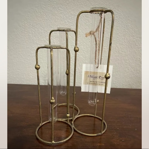 Gold Metal Hinged 3 Glass Test Tubes Vase Set. - Picture 6 of 13